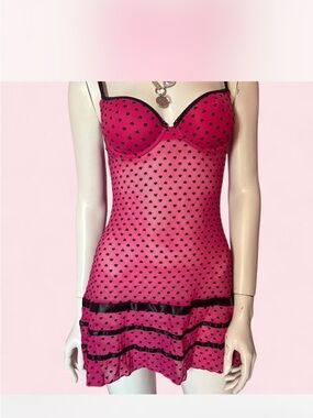 Pink Heart Mesh Babydoll Lingerie with Black Trim
